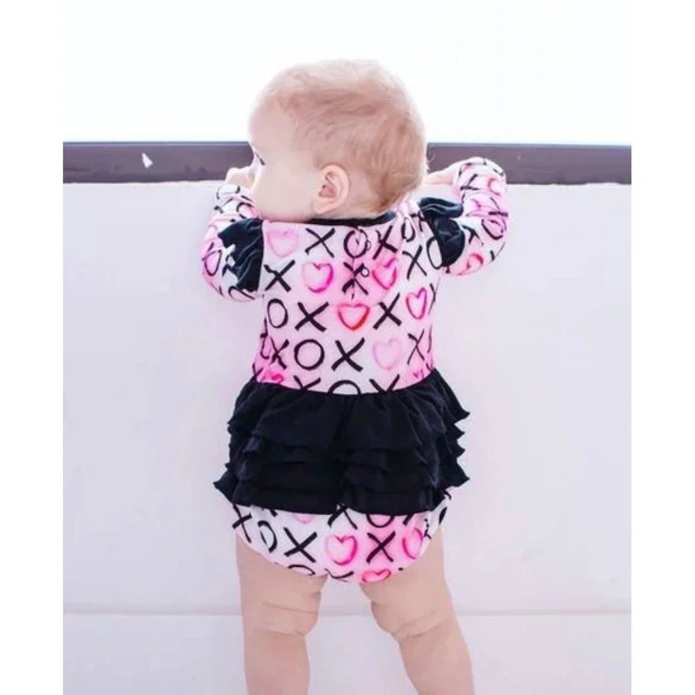 Birdie Bean Bubble Romper Baby Girl 18-24M Pink Black XOXO Hearts Bamboo Ruffle